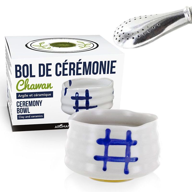 Bol de cérémonie japonais Chawan Blanc + paille inox avec filtre Aromandise - Mathon