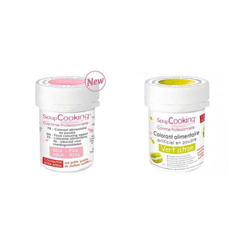 2 colorants alimentaires en poudre - vert citron-rose poudré Scrapcooking - Mathon