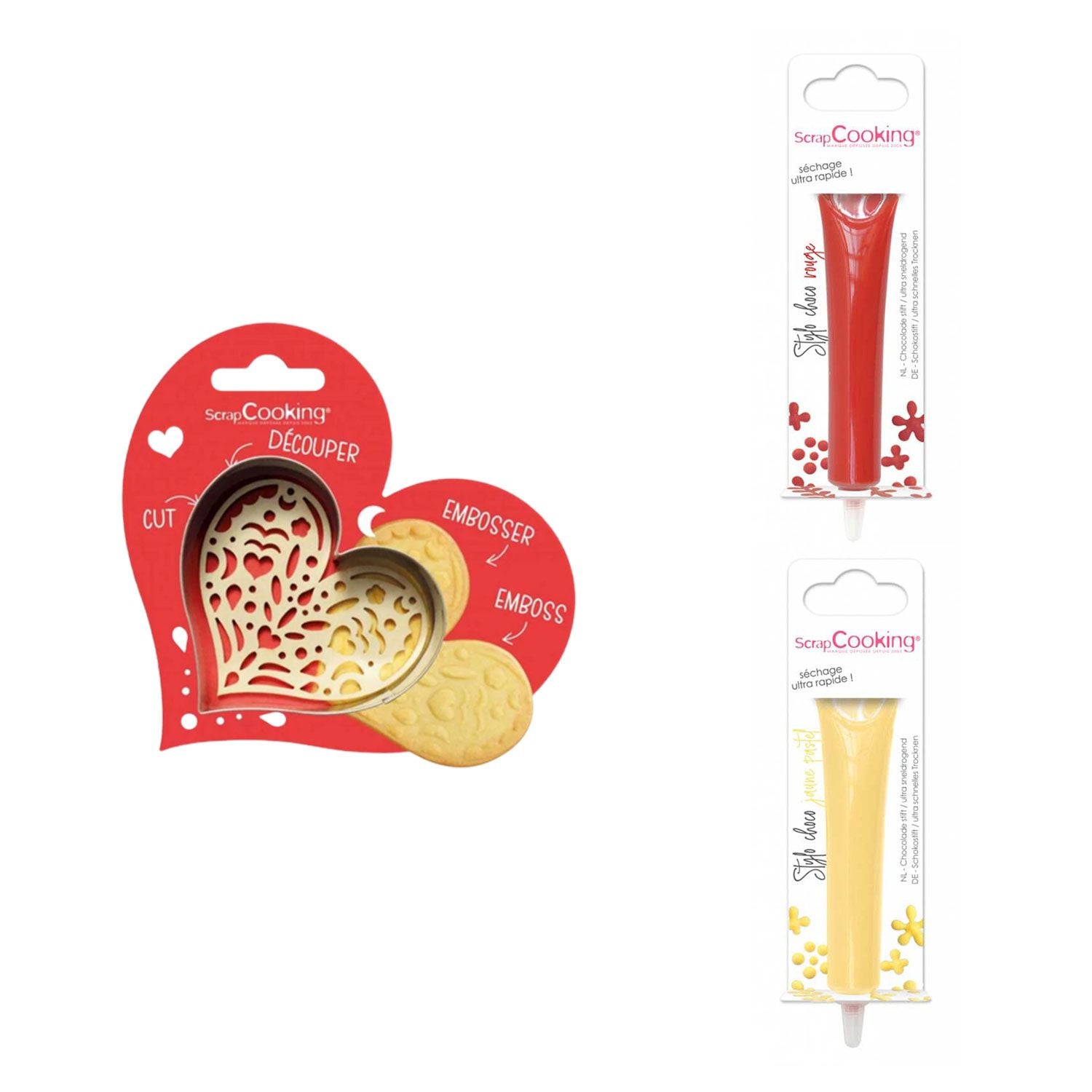 Kit pour biscuit en relief Coeur + 2 Stylos au chocolat rouge et jaune pastel Scrapcooking - Mathon
