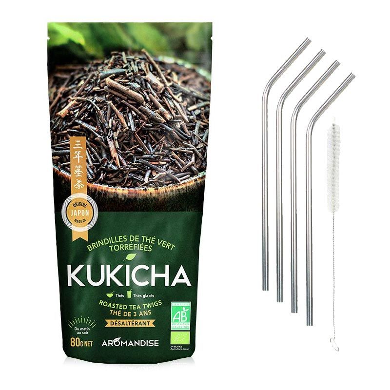 Sachet de thé bio japonais Kukicha 80 g + 4 pailles inox Youdoit - Mathon