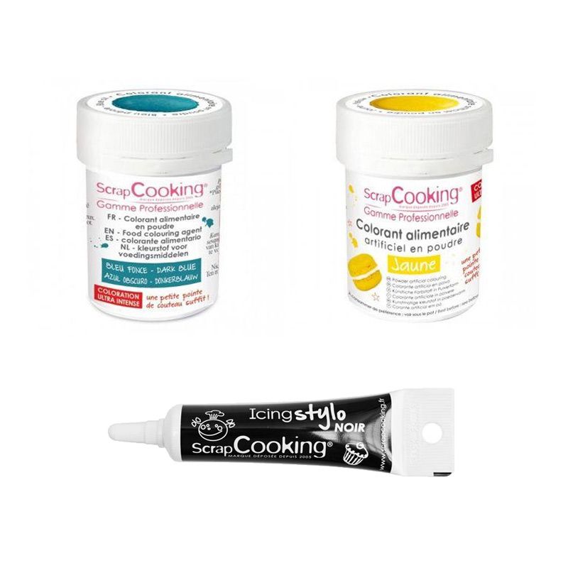 2 colorants alimentaires bleu foncé-jaune + Stylo glaçage noir Scrapcooking - Mathon