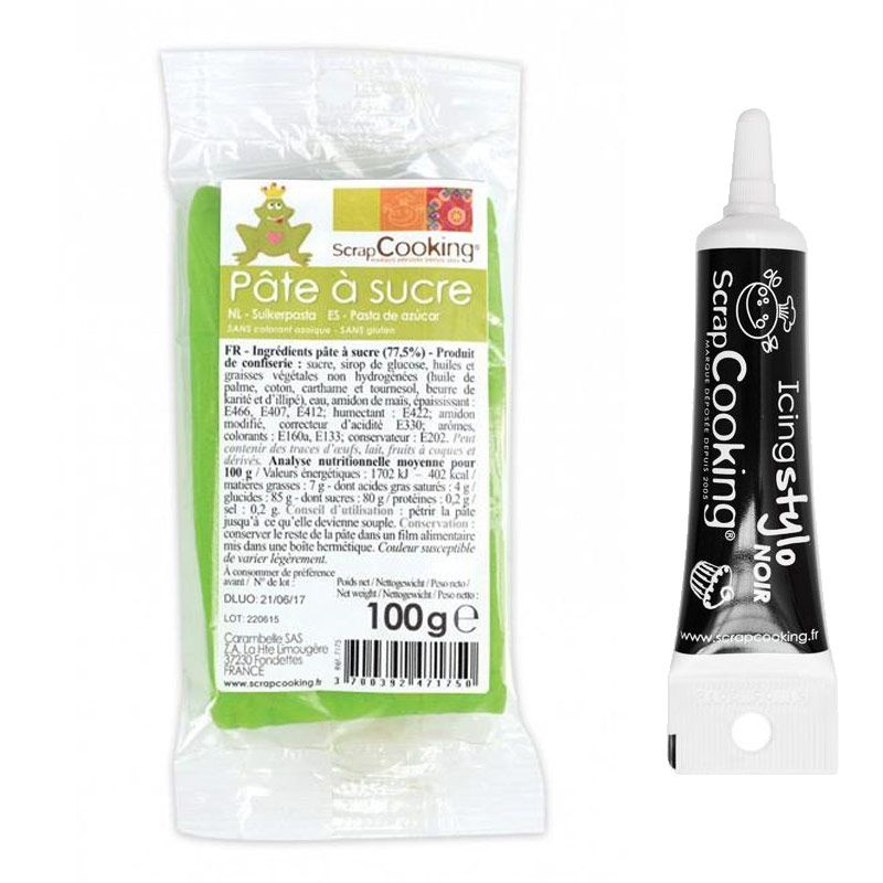 Pâte à sucre vert prairie 100 g + Stylo de glaçage noir Scrapcooking - Mathon