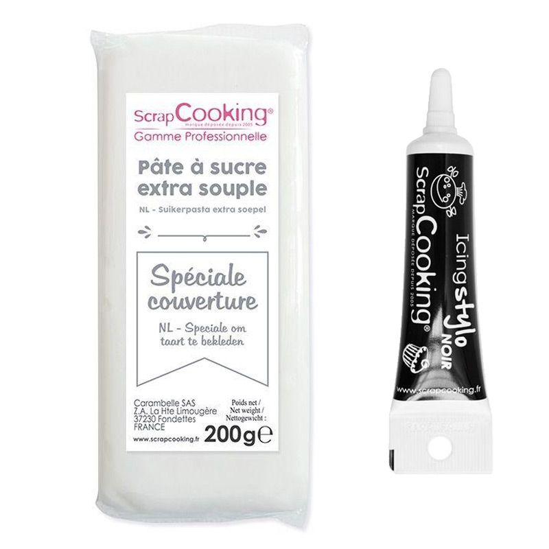 Pâte à sucre de couverture blanche 200 g + Stylo de glaçage noir Scrapcooking - Mathon