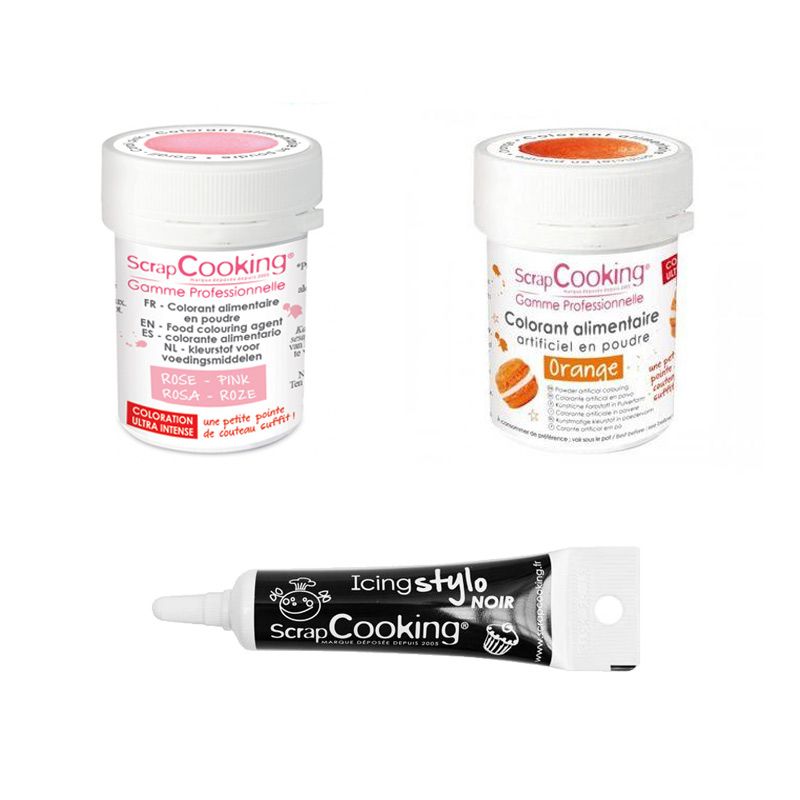 2 colorants alimentaires orange-rose poudré + Stylo glaçage noir Scrapcooking - Mathon