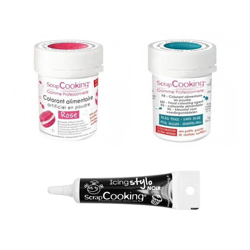 2 colorants alimentaires rose-bleu foncé + Stylo glaçage noir Scrapcooking - Mathon