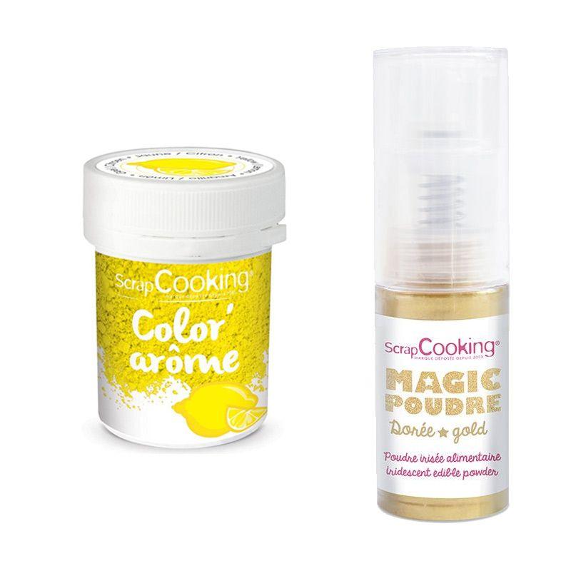 Colorant alimentaire jaune arôme citron + Poudre alimentaire irisée dorée Scrapcooking - Mathon