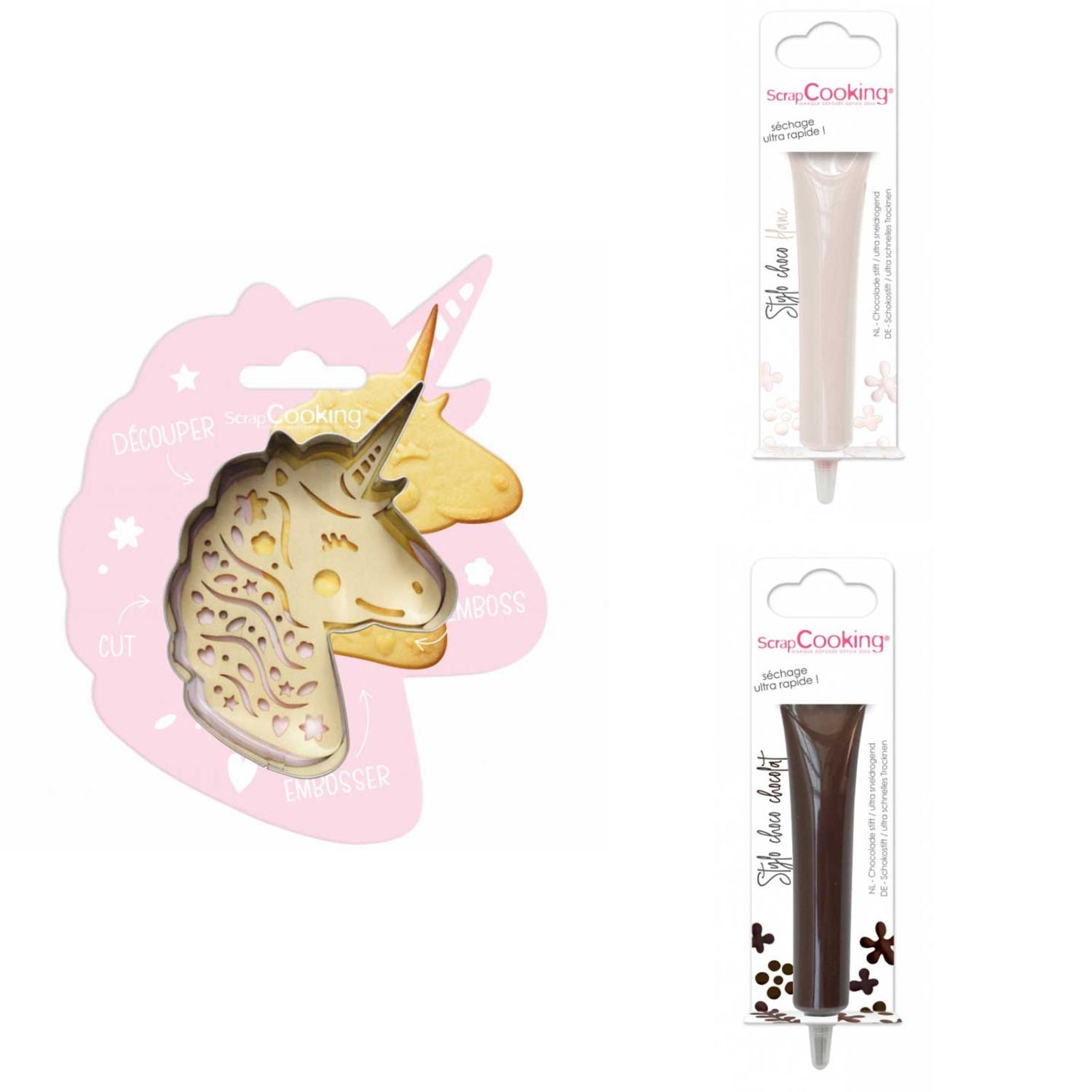 Kit pour biscuit en relief Licorne + 2 Stylos au chocolat blanc et marron Scrapcooking - Mathon
