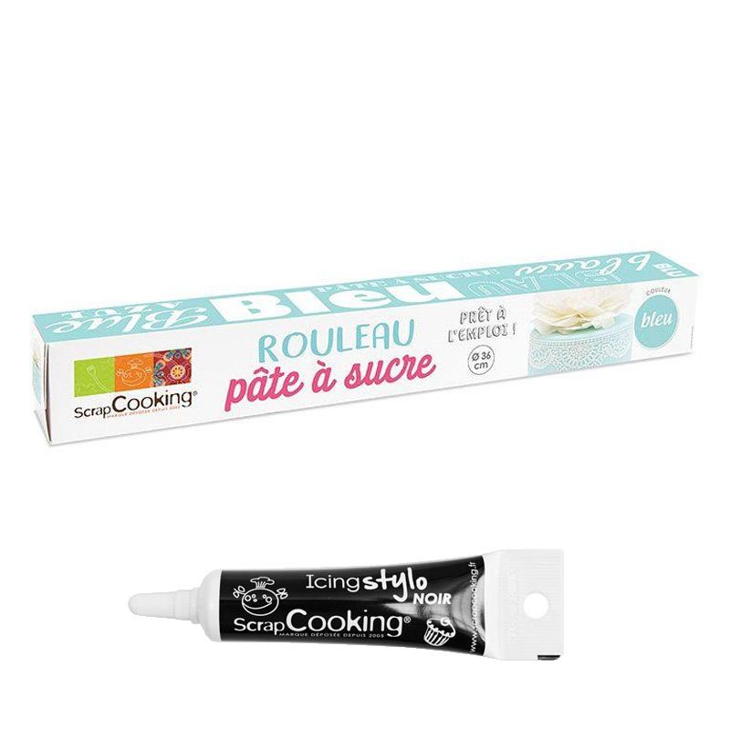 Rouleau de pâte à sucre bleu 430 g + Stylo de glaçage noir Scrapcooking - Mathon