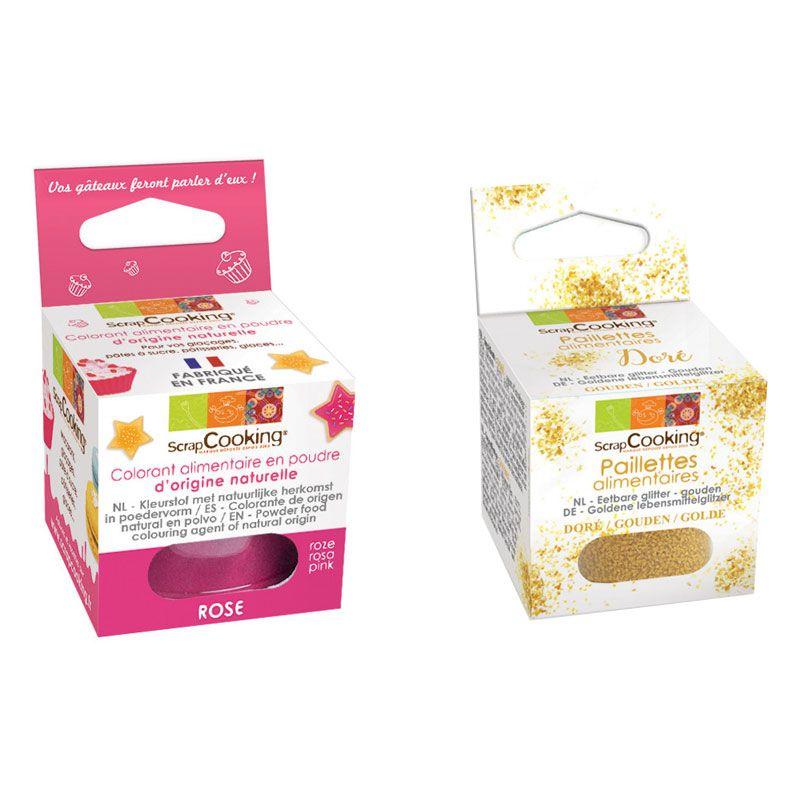 Colorant alimentaire Rose foncé + paillettes dorées Scrapcooking - Mathon