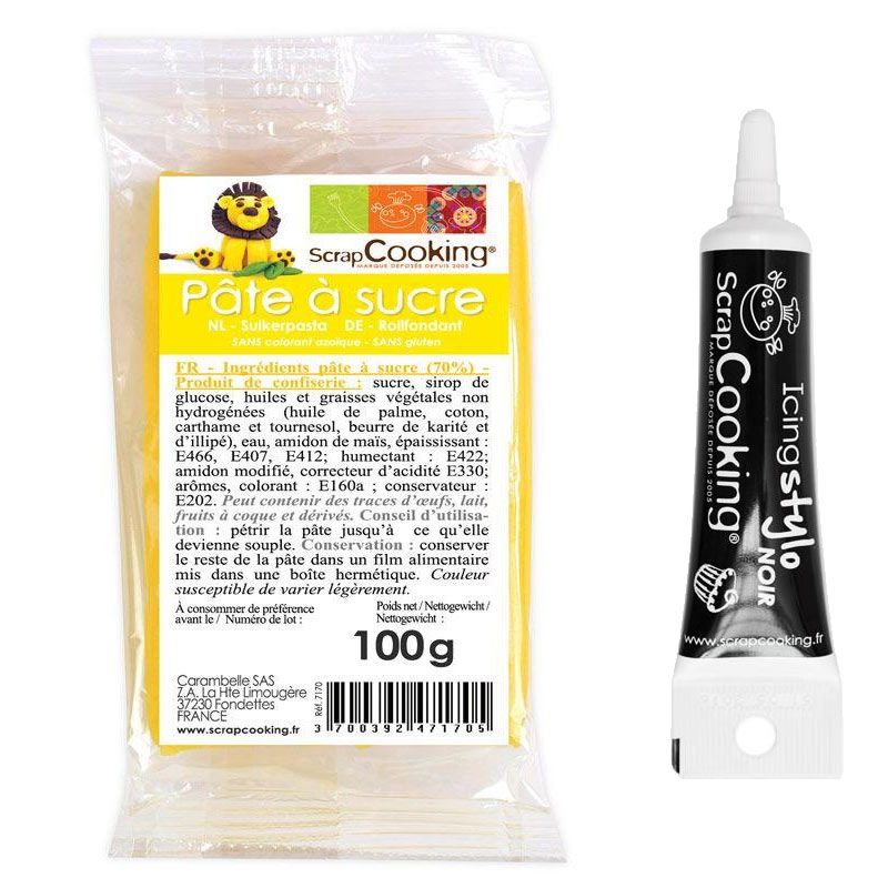 Pâte à sucre jaune 100 g + Stylo de glaçage noir Scrapcooking - Mathon