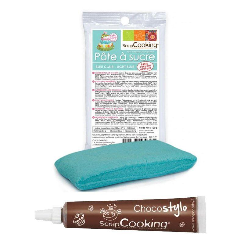 Stylo chocolat + Pâte à sucre bleu clair 100 g Scrapcooking - Mathon
