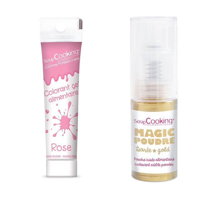 Gel colorant alimentaire rose + Poudre alimentaire irisée dorée Scrapcooking - Mathon