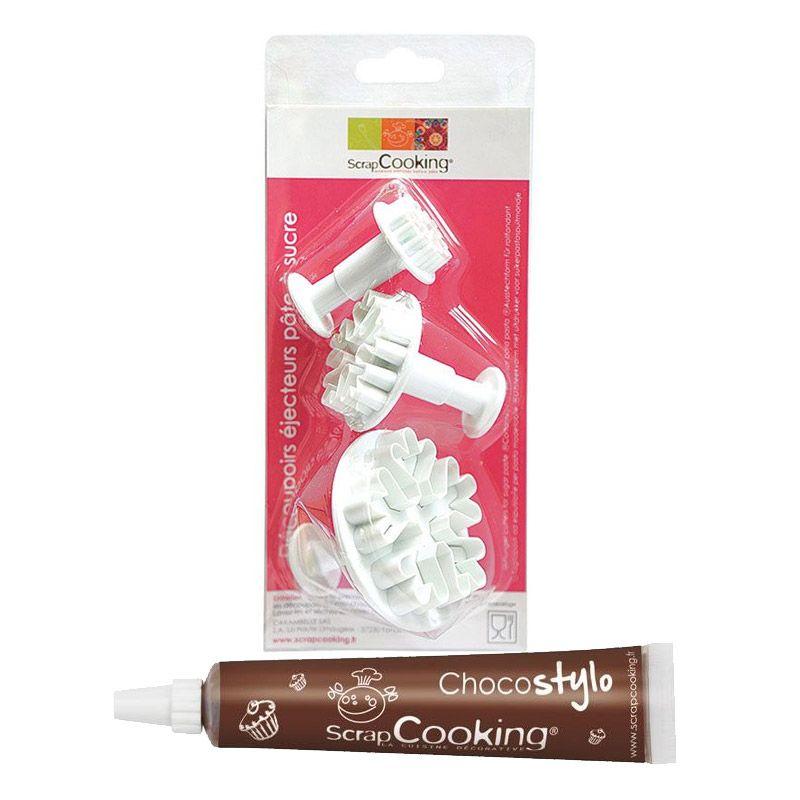 3 découpoirs et éjecteurs à pâte à sucre Flocons + 1 Stylo chocolat Scrapcooking - Mathon