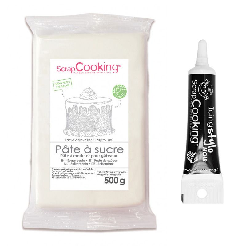 Pâte à sucre blanche 500 g + Stylo de glaçage noir Scrapcooking - Mathon