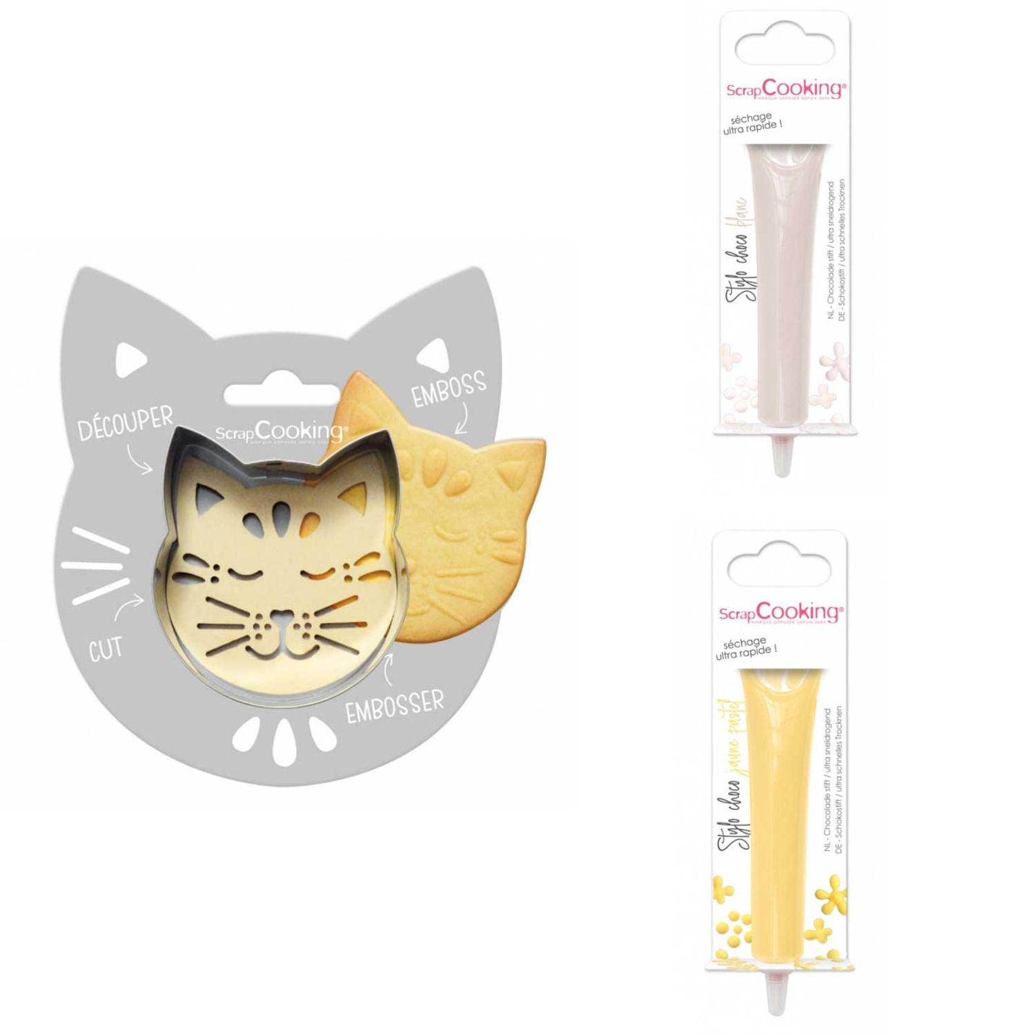 Kit pour biscuit en relief Chat + 2 Stylos au chocolat blanc et jaune pastel Scrapcooking - Mathon