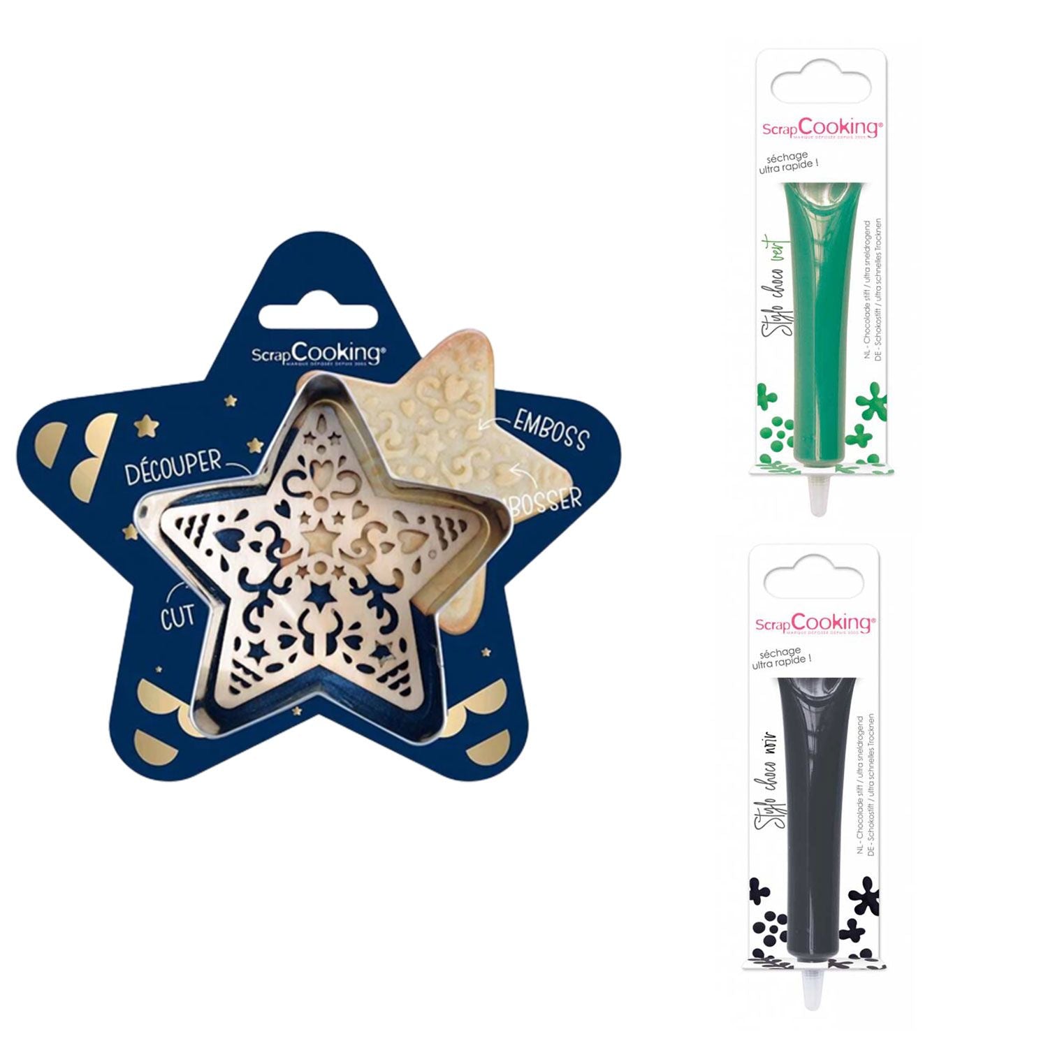 Kit pour biscuit en relief Étoile + 2 Stylos au chocolat vert et noir Scrapcooking - Mathon