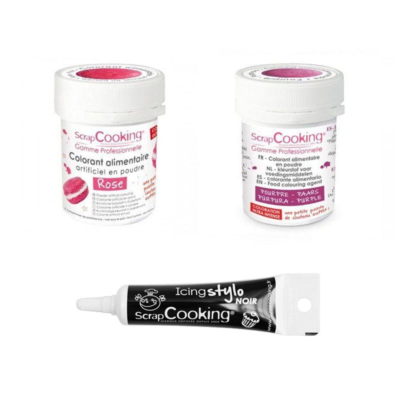 2 colorants alimentaires pourpre-rose + Stylo glaçage noir Scrapcooking - Mathon