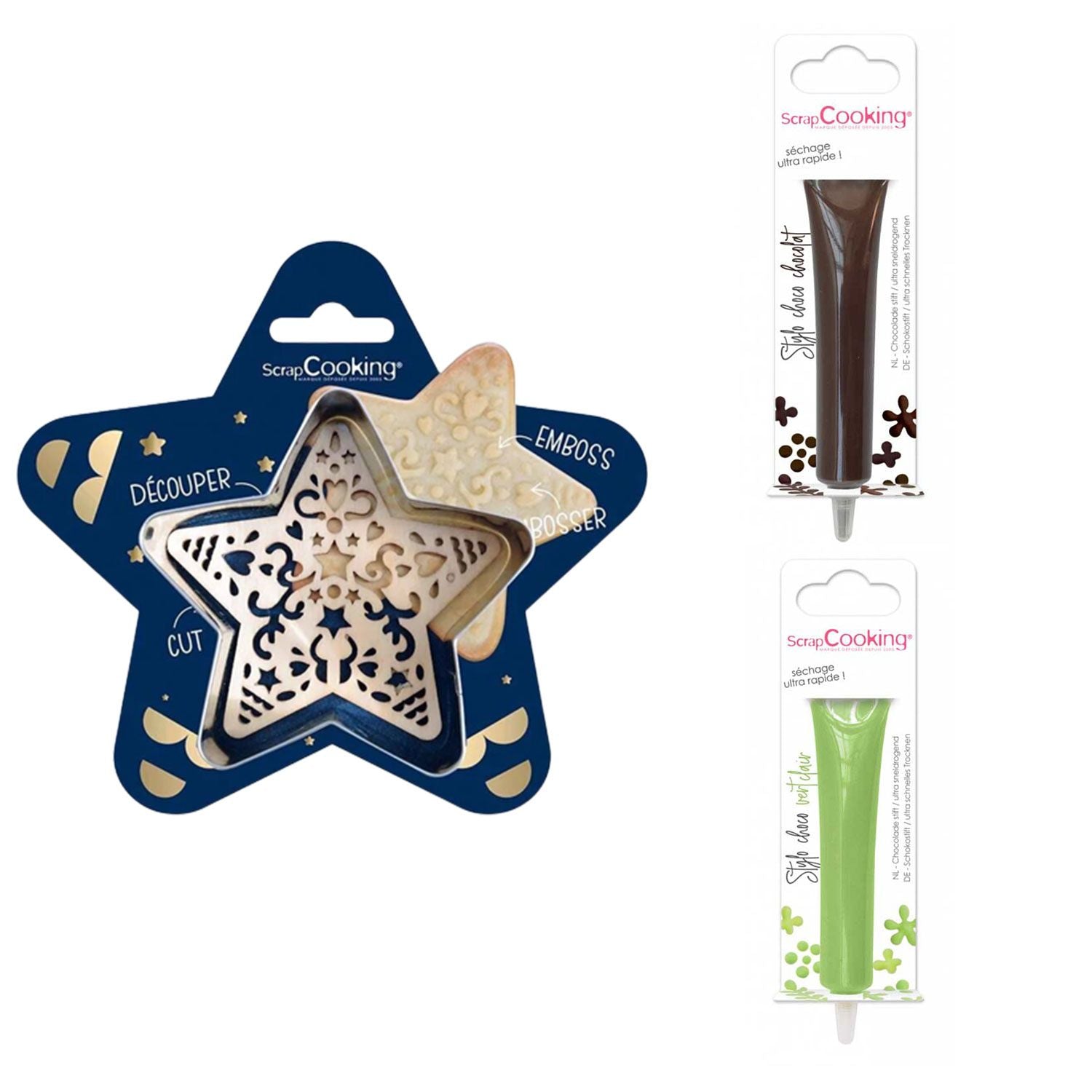 Kit pour biscuit en relief Étoile + 2 Stylos au chocolat marron et vert clair Scrapcooking - Mathon