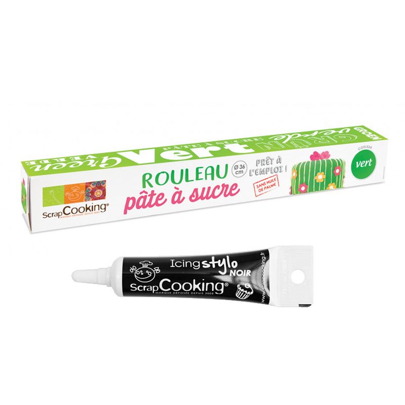 Pâte à sucre en rouleau vert Ø 36 cm + Stylo de glaçage noir Scrapcooking - Mathon