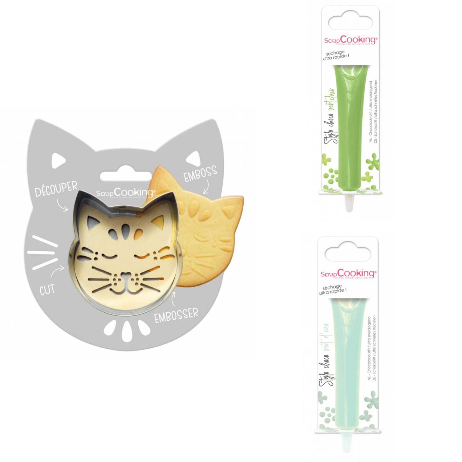 Kit pour biscuit en relief Chat + 2 Stylos au chocolat vert clair et vert d