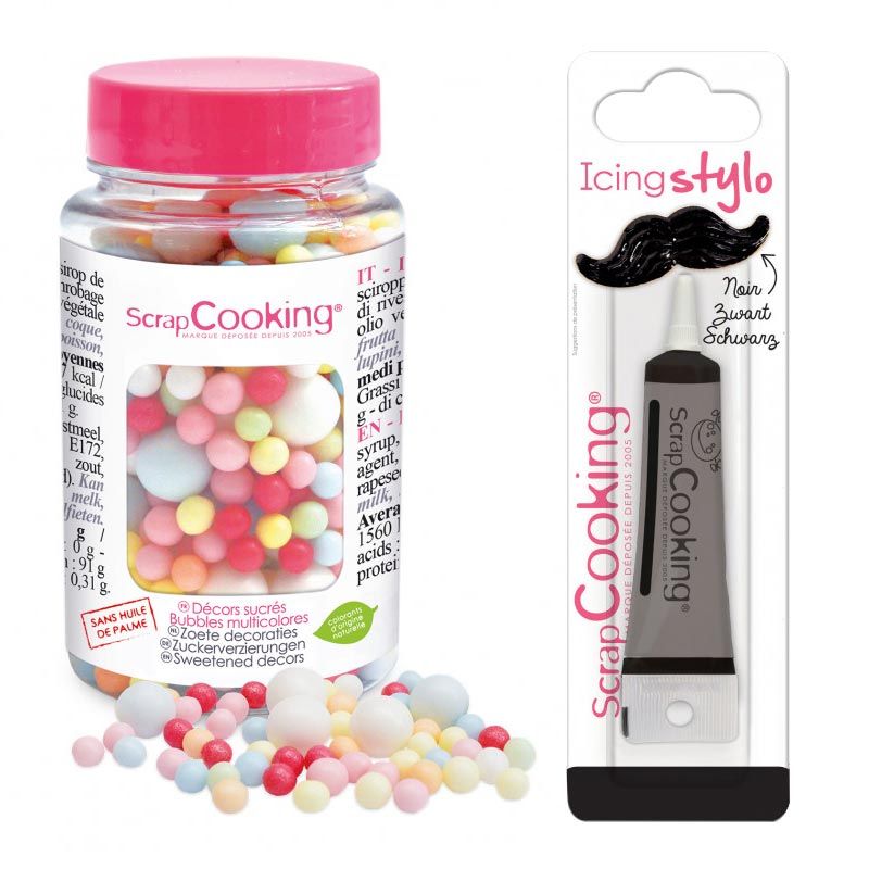 Décors sucrés boules multicolores 70 g + Stylo de glaçage noir Scrapcooking - Mathon
