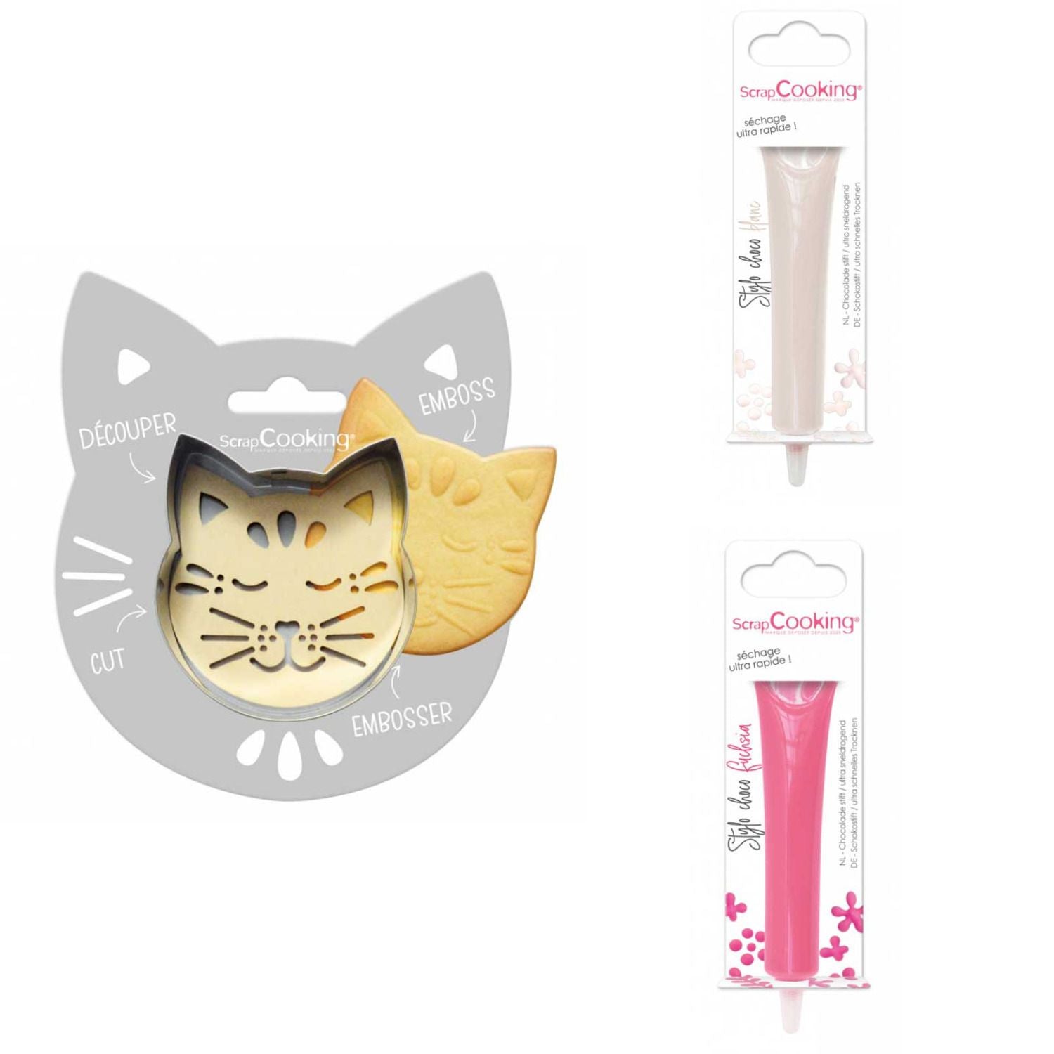 Kit pour biscuit en relief Chat + 2 Stylos au chocolat blanc et fuchsia Scrapcooking - Mathon
