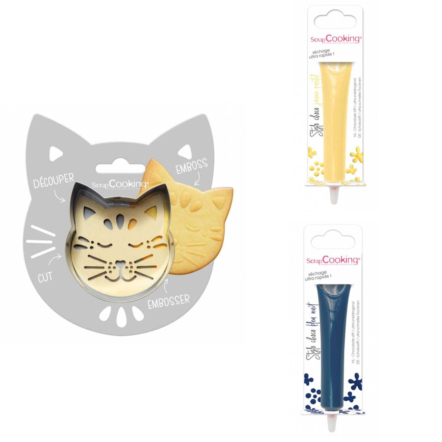 Kit pour biscuit en relief Chat + 2 Stylos au chocolat jaune pastel et bleu nuit Scrapcooking - Mathon