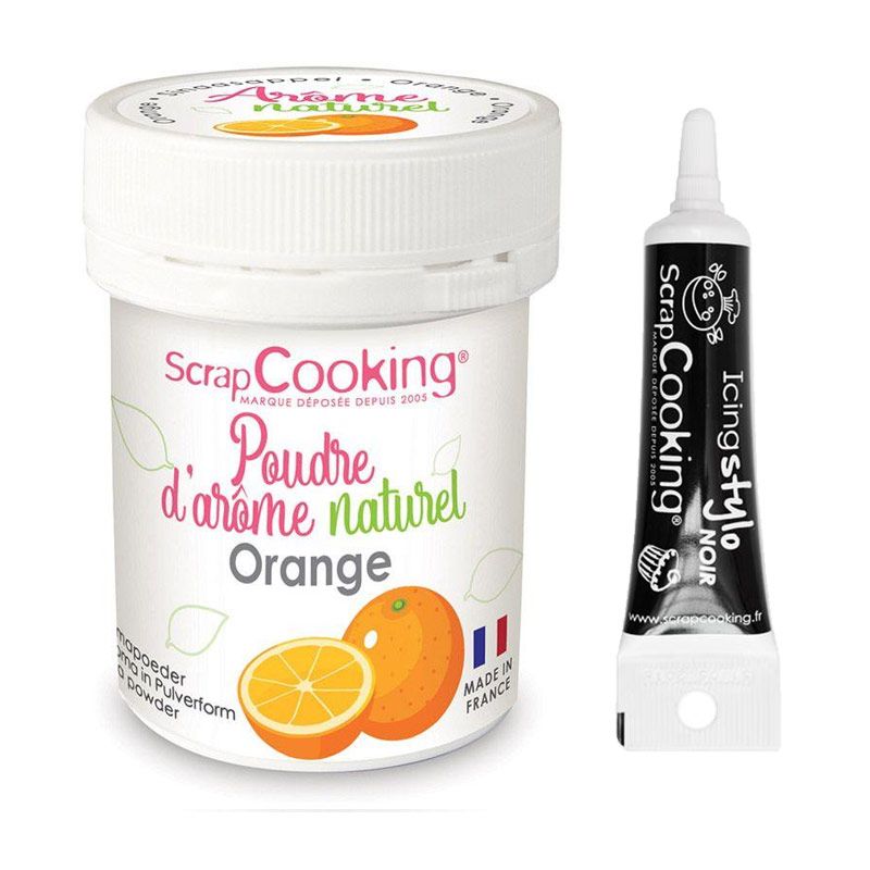 Arôme alimentaire naturel en poudre orange + Stylo glaçage noir Scrapcooking - Mathon