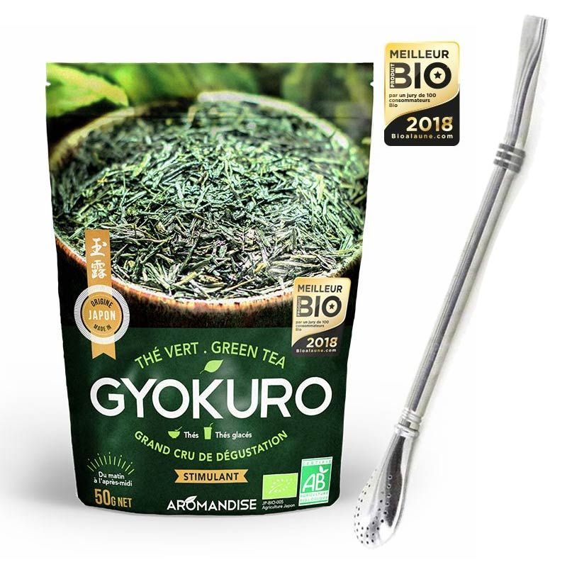 Thé vert Gyokuro 50 g + paille inox avec filtre Aromandise - Mathon