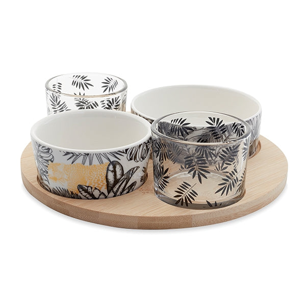 Service apéritif plateau bambou 21 cm 4 coupelles porcelaine et verre motifs fougères Mathon - Mathon - 2