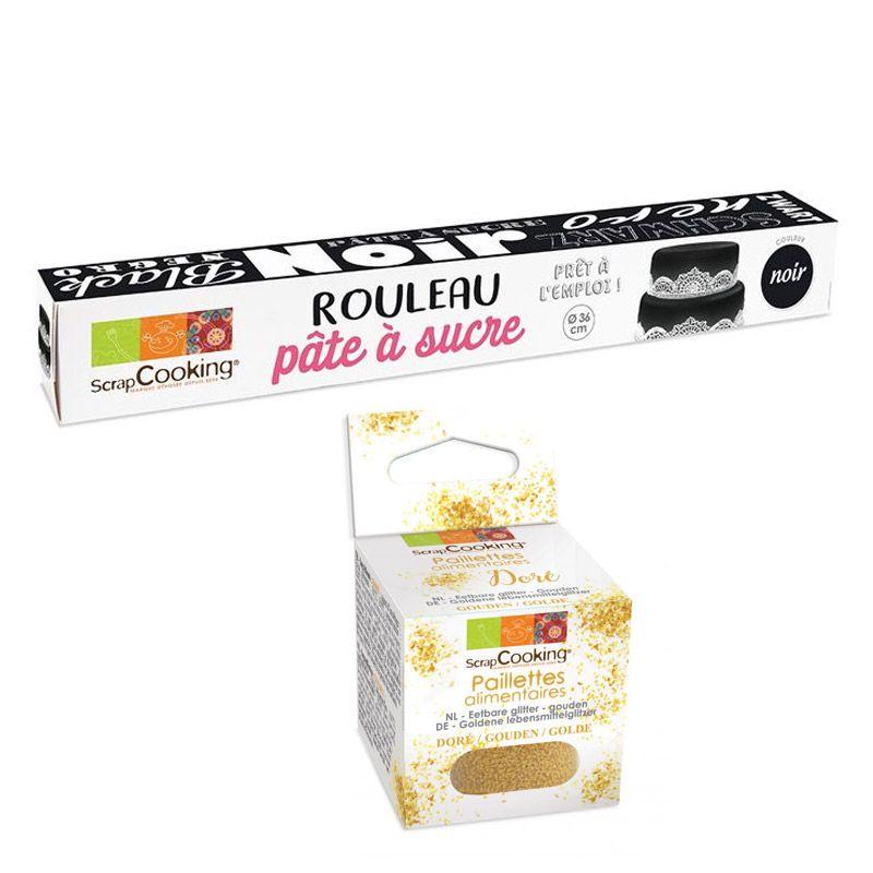 Pâte à sucre en rouleau Ø 36 cm noir + paillettes dorées Scrapcooking - Mathon