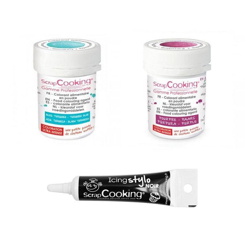 2 colorants alimentaires turquoise-pourpre + Stylo glaçage noir Scrapcooking - Mathon