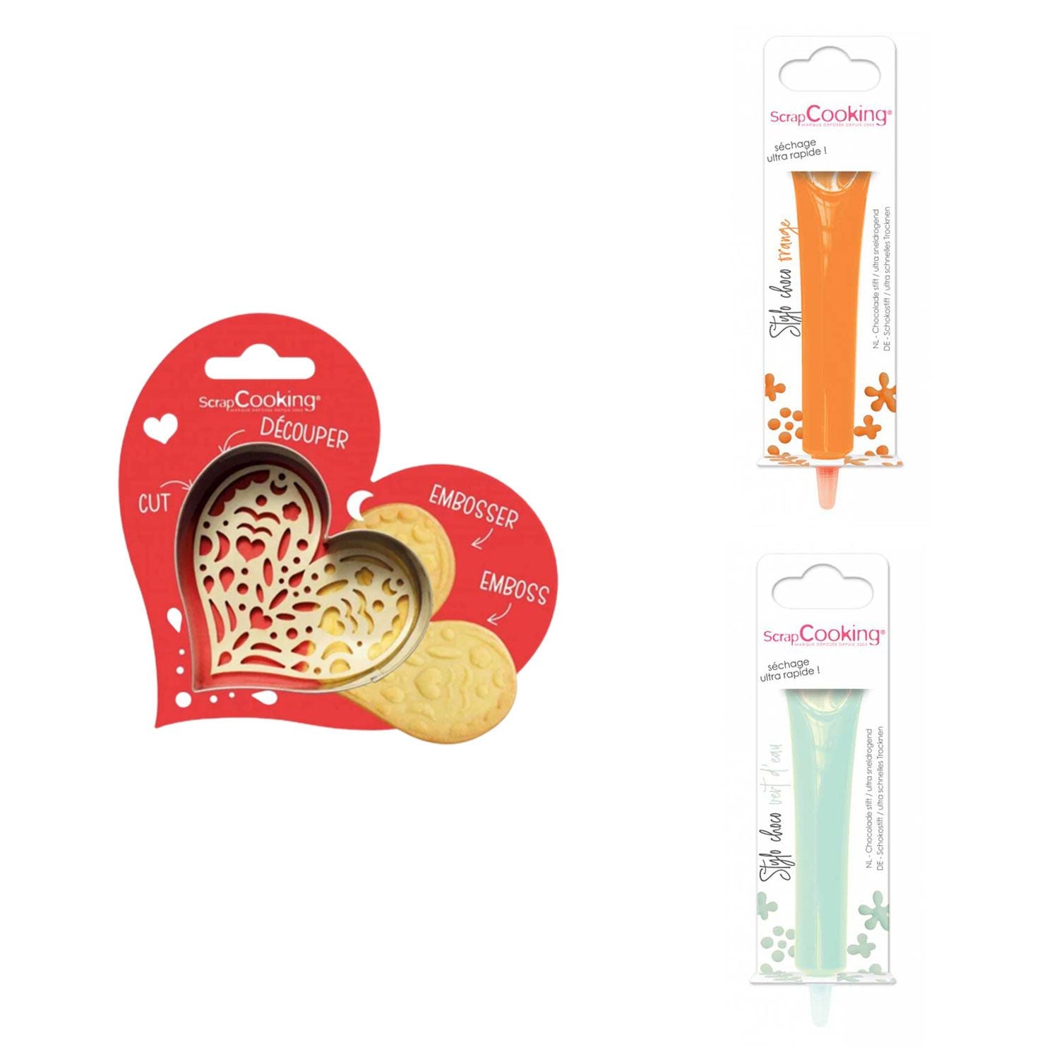 Kit pour biscuit en relief Coeur + 2 Stylos au chocolat orange et vert d