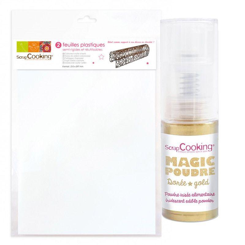 2 feuilles plastique semi-rigides à pâtisserie A4 + Poudre alimentaire irisée dorée Scrapcooking - Mathon