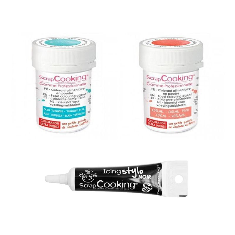 2 colorants alimentaires corail-turquoise + Stylo glaçage noir Scrapcooking - Mathon