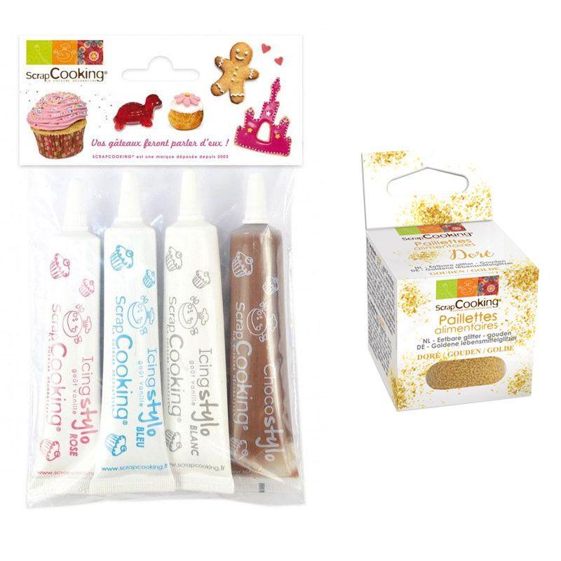 4 stylos de glaçage blanc, rose, bleu, chocolat + paillettes dorées Scrapcooking - Mathon