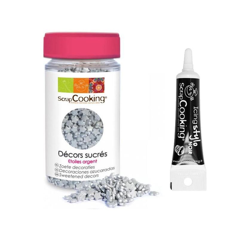 Décors sucrés étoiles argenté + Stylo de glaçage noir Scrapcooking - Mathon