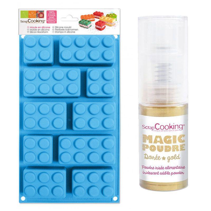 Moule en silicone briques + Poudre alimentaire irisée dorée Scrapcooking - Mathon