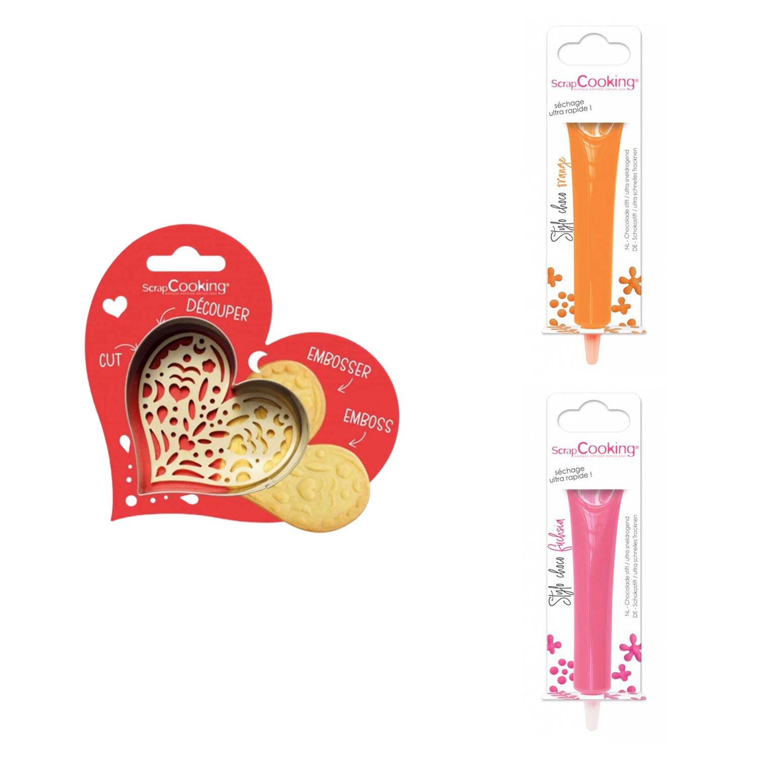 Kit pour biscuit en relief Coeur + 2 Stylos au chocolat orange et fuchsia Scrapcooking - Mathon