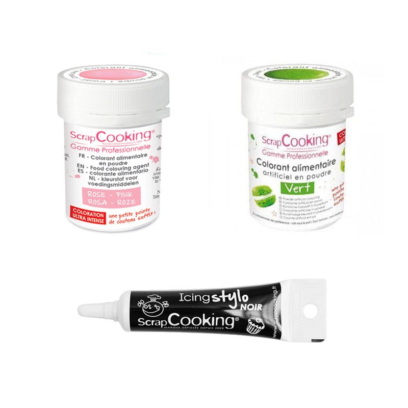 2 colorants alimentaires vert-rose poudré + Stylo glaçage noir Scrapcooking - Mathon