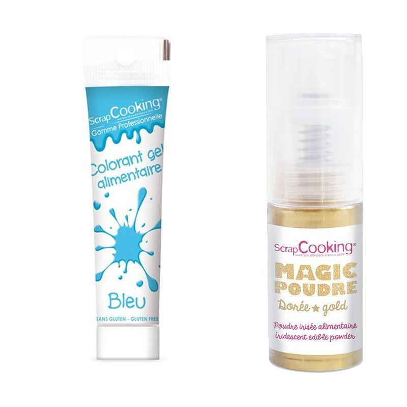 Gel colorant alimentaire bleu + Poudre alimentaire irisée dorée Scrapcooking - Mathon