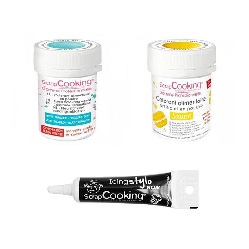 2 colorants alimentaires turquoise-jaune + Stylo glaçage noir Scrapcooking - Mathon