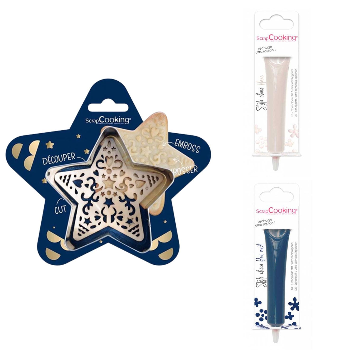 Kit pour biscuit en relief Étoile + 2 Stylos au chocolat blanc et bleu nuit Scrapcooking - Mathon
