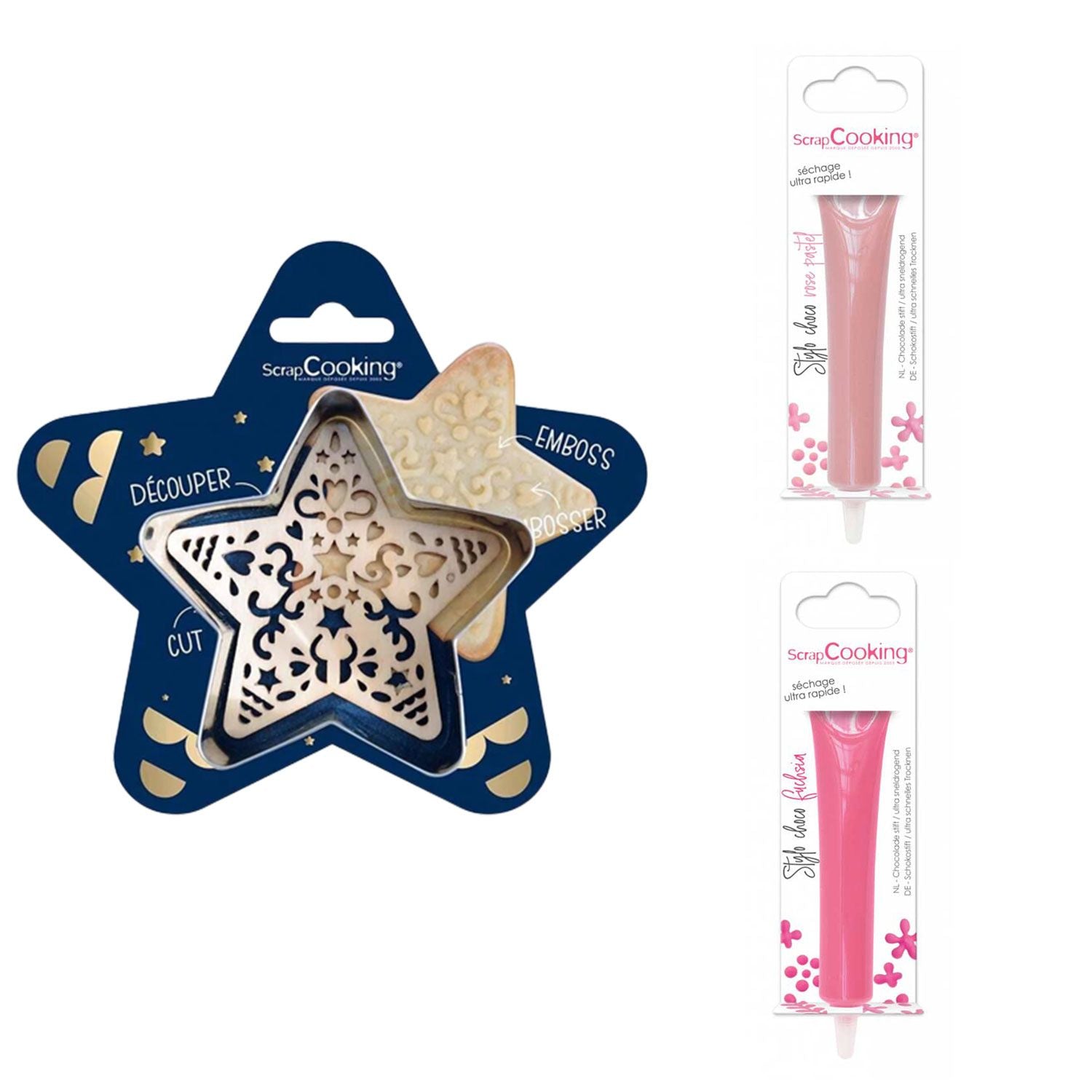Kit pour biscuit en relief Étoile + 2 Stylos au chocolat rose pastel et fuchsia Scrapcooking - Mathon