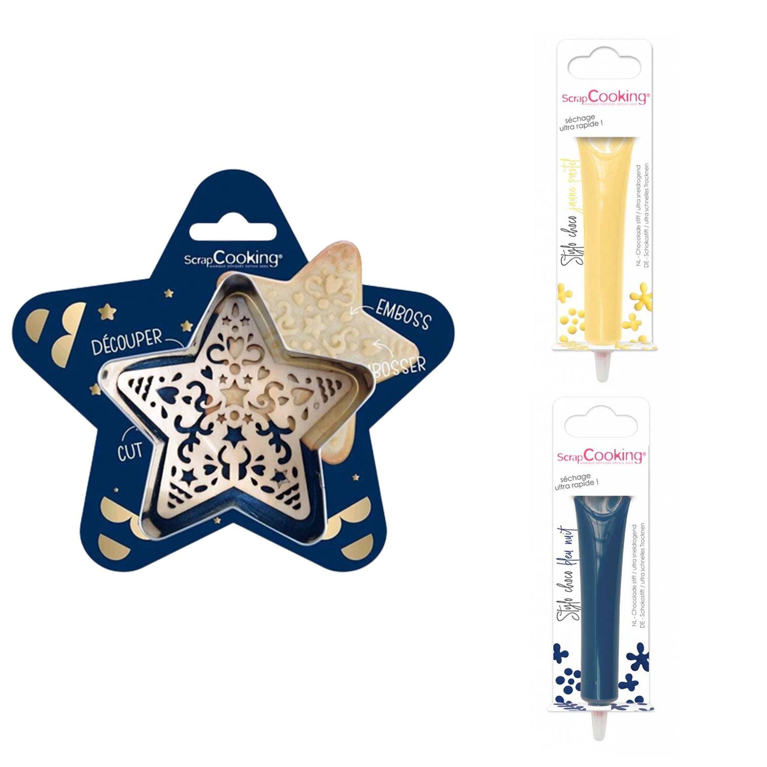 Kit pour biscuit en relief Étoile + 2 Stylos au chocolat jaune pastel et bleu nuit Scrapcooking - Mathon