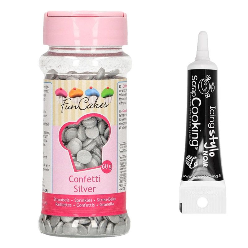 Décors sucrés confettis argentés 60 g + Stylo glaçage noir Youdoit - Mathon