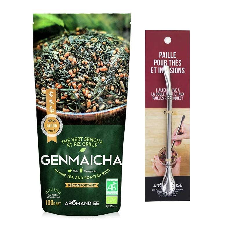 Thé vert Bio et riz complet Genmaicha 100 g + paille inox avec filtre Aromandise - Mathon