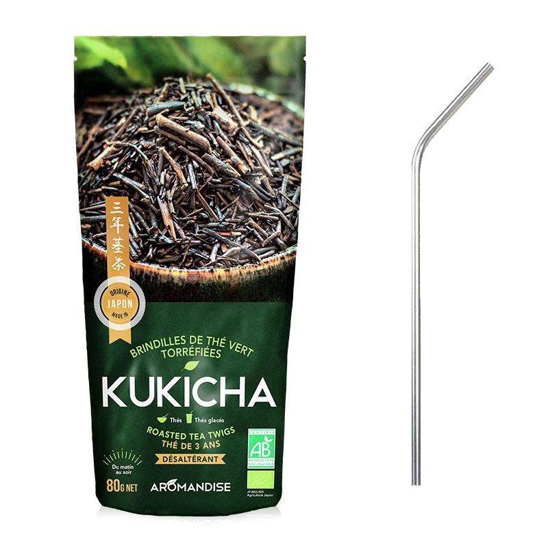 Thé vert bio japonais Kukicha 80 g + 4 pailles en inox Youdoit - Mathon