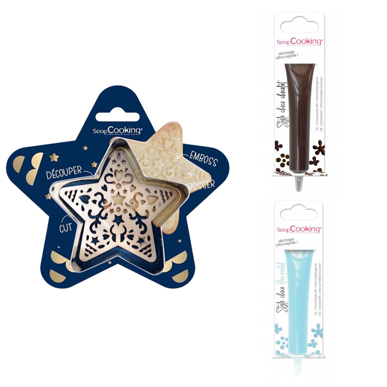 Kit pour biscuit en relief Étoile + 2 Stylos au chocolat marron et bleu pastel Scrapcooking - Mathon