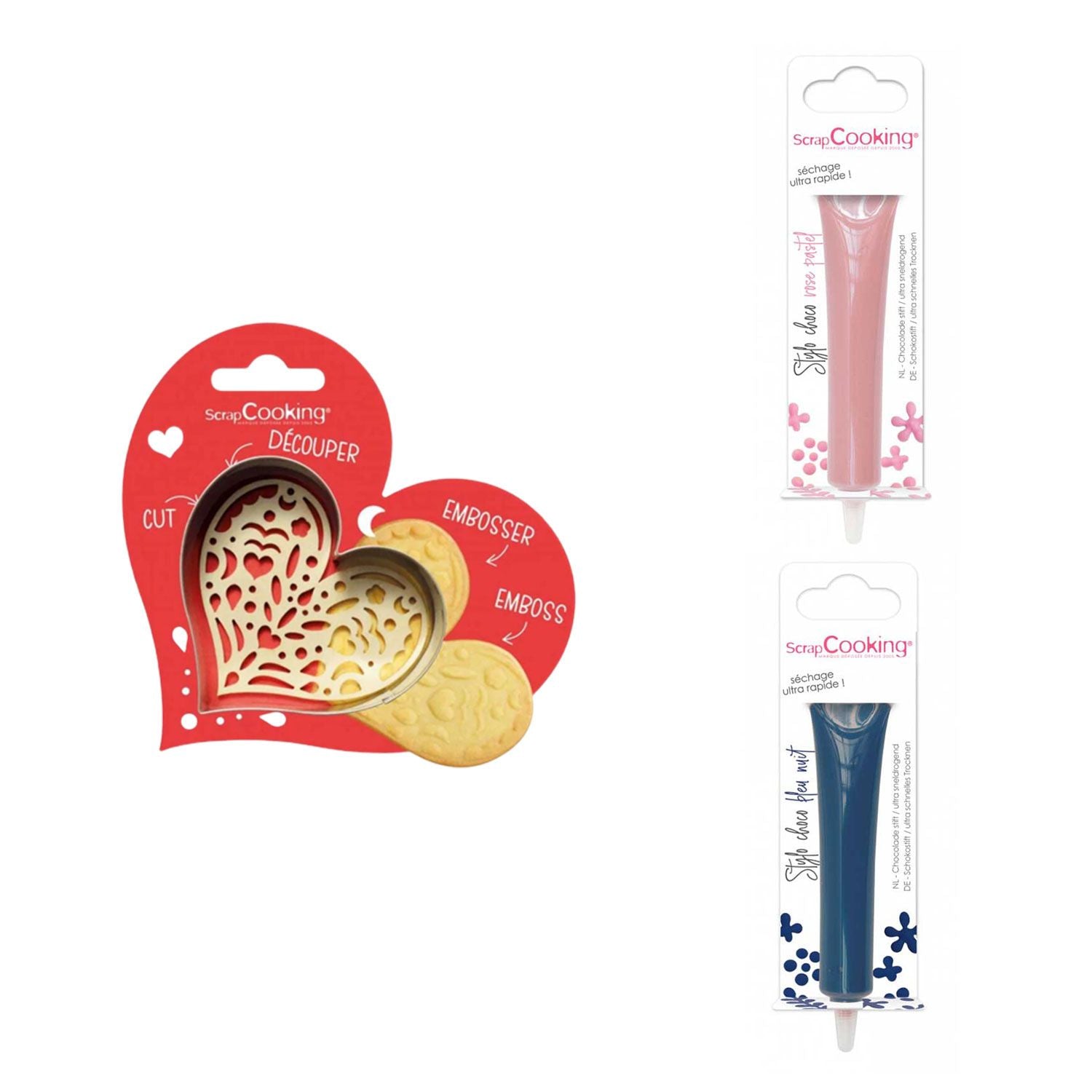 Kit pour biscuit en relief Coeur + 2 Stylos au chocolat rose pastel et bleu nuit Scrapcooking - Mathon